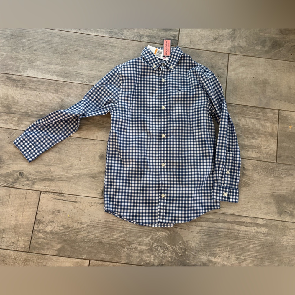 NWT vineyard vines navy blue gingham performance button down